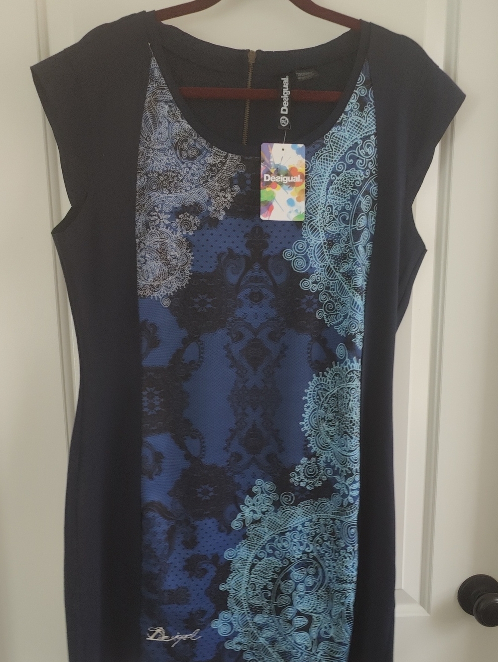 Desigual Navy Blue Patterned Cap-Sleeve Dress